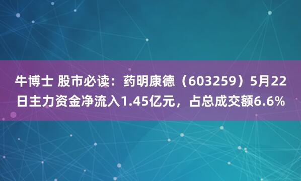 牛博士 股市必读：药明康德（603259）5月22日主力资金净流入1.45亿元，占总成交额6.6%